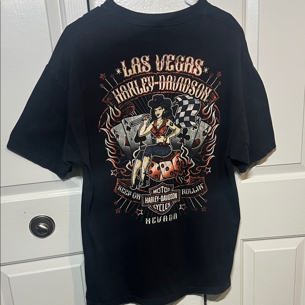 Harley-Davidson Black Tee with Red and Orange Pin-Up Graphic